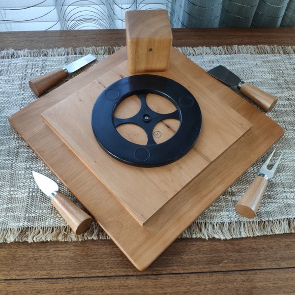 Wooden Lazy Susan Cutting Board Torre and Tagus VTG Cheese Board with Knives 13" - Picture 10 of 13